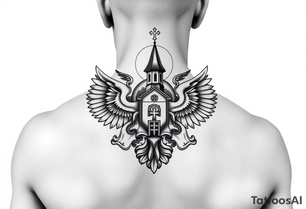 russian coat of arms with both heads visible & wings spanning out on my back neck across on to my shoulders / traps with a orthodox christian church being visible in a mountainous sun beaming setting, with the russian orthodox cross spire of the orthodox church being visible on my neck with a sun beaming in the background that the cross sits inside tattoo idea