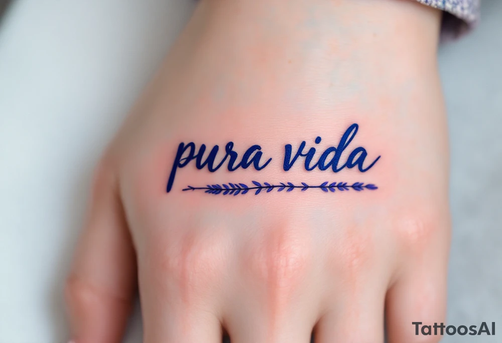 Simple cursive “Pura Vida” inked in navy blue with a small lavender sprig underlining the text. tattoo idea
