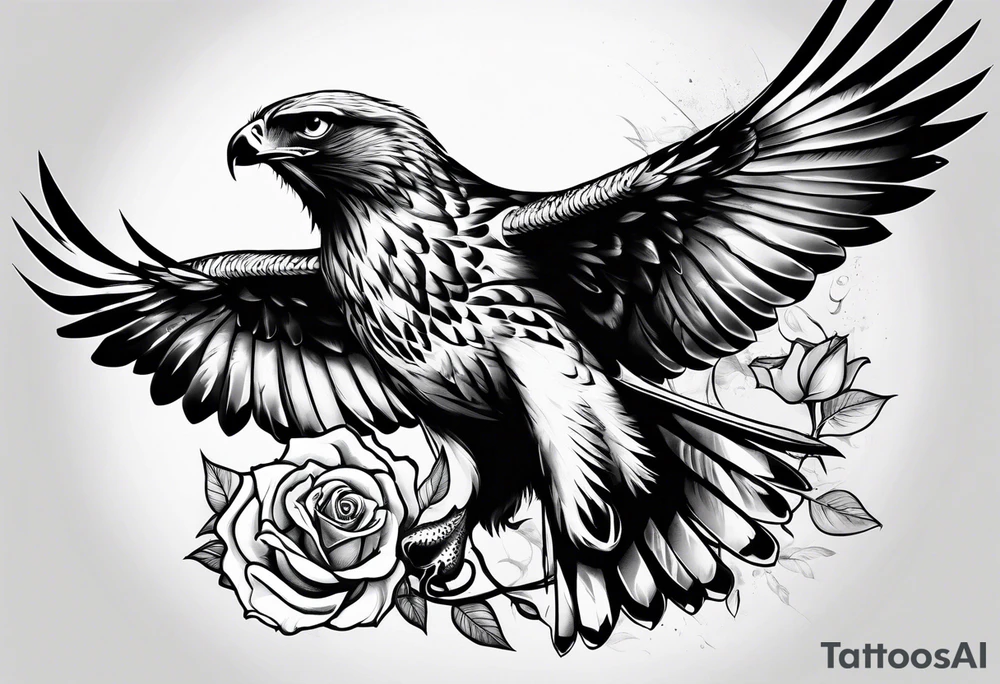 Hawk with rose in mouth flying down tattoo idea