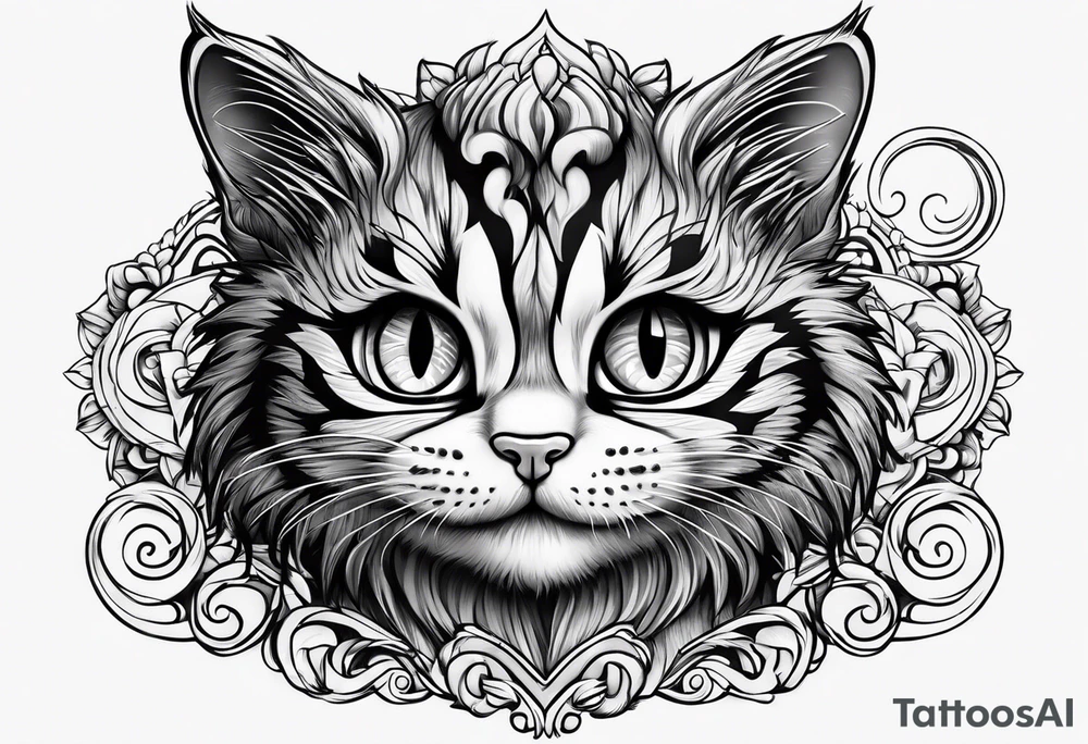 Cute Maine coon kitten dressed like Cheshire cat tattoo idea