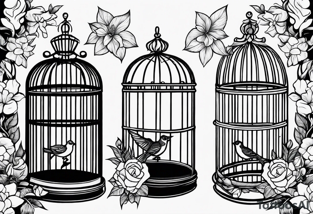 neo traditional foliage and flowers on the left top of a long bird cage tattoo idea