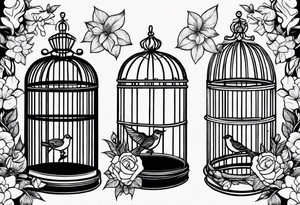 neo traditional foliage and flowers on the left top of a long bird cage tattoo idea