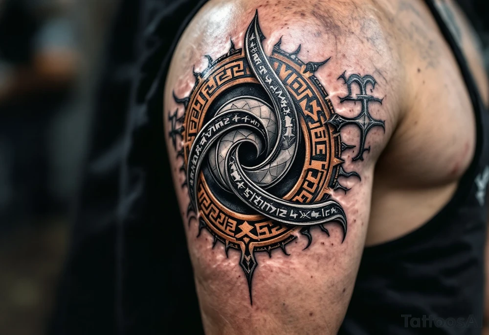 A heavy, Viking-style triskelion spirals with a weathered iron or bronze texture, detailed with runes and Norse knotwork. Dark silver, deep copper, and black shading create a rugged, ancient look, symbolizing strength, resilience, and fate. tattoo idea