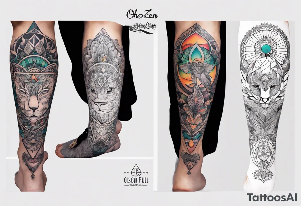 design full leg tattoo including zen, ayahuasca, Buddha, elephant, triangle, bird, and the “slowing down” card from osho zen tarot tattoo idea