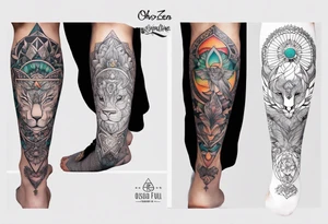 design full leg tattoo including zen, ayahuasca, Buddha, elephant, triangle, bird, and the “slowing down” card from osho zen tarot tattoo idea