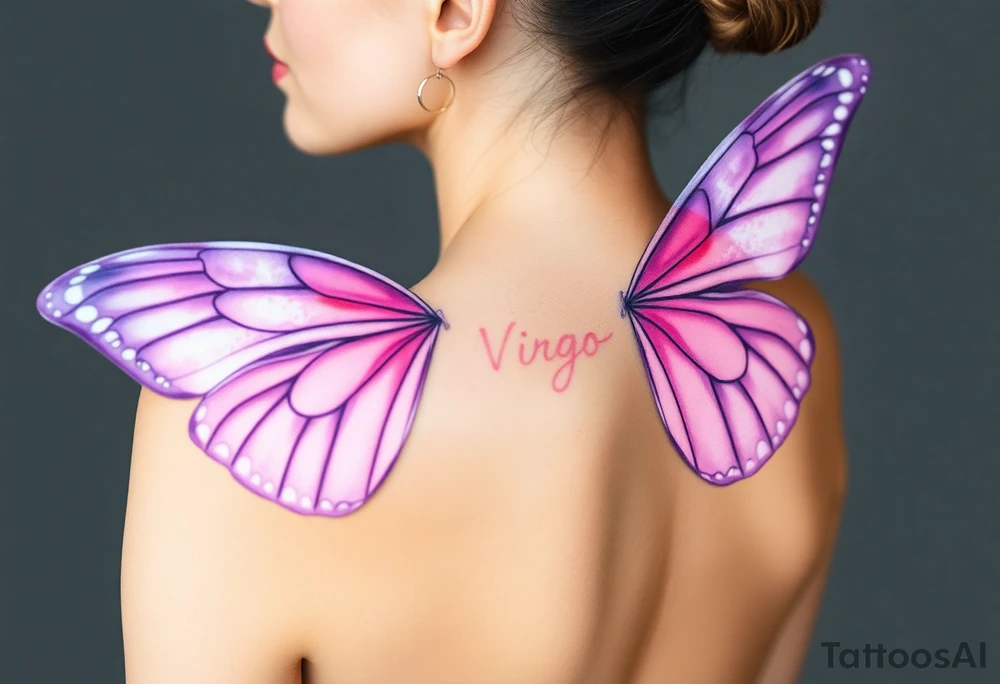 A dreamy portrait of a woman with delicate butterfly wings, in soft lavender, pink, and pearl white hue with the word Virgo above her head tattoo idea