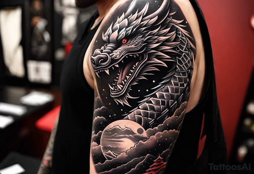 Design a full sleeve tattoo that incorporates a combination of Japanese and geometric themes. Central elements include a fierce dragon intertwined with a katana, symbolizing power and protection, with a samurai warrior standing strong in traditional armor. Surrounding this, integrate a galaxy scene with stars and nebulae, blending into the background to create a cosmic, otherworldly feel. Incorporate geometric patterns like the golden ratio, detailed lines, and precise shapes for structure and flow. Add traditional Japanese waves and delicate sakura blossoms scattered throughout, representing harmony and beauty, all merging into a cohesive design that wraps around the entire arm tattoo idea