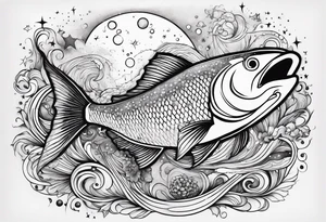 A fish jumping out of rapid waters and into  constellations and the universe tattoo idea