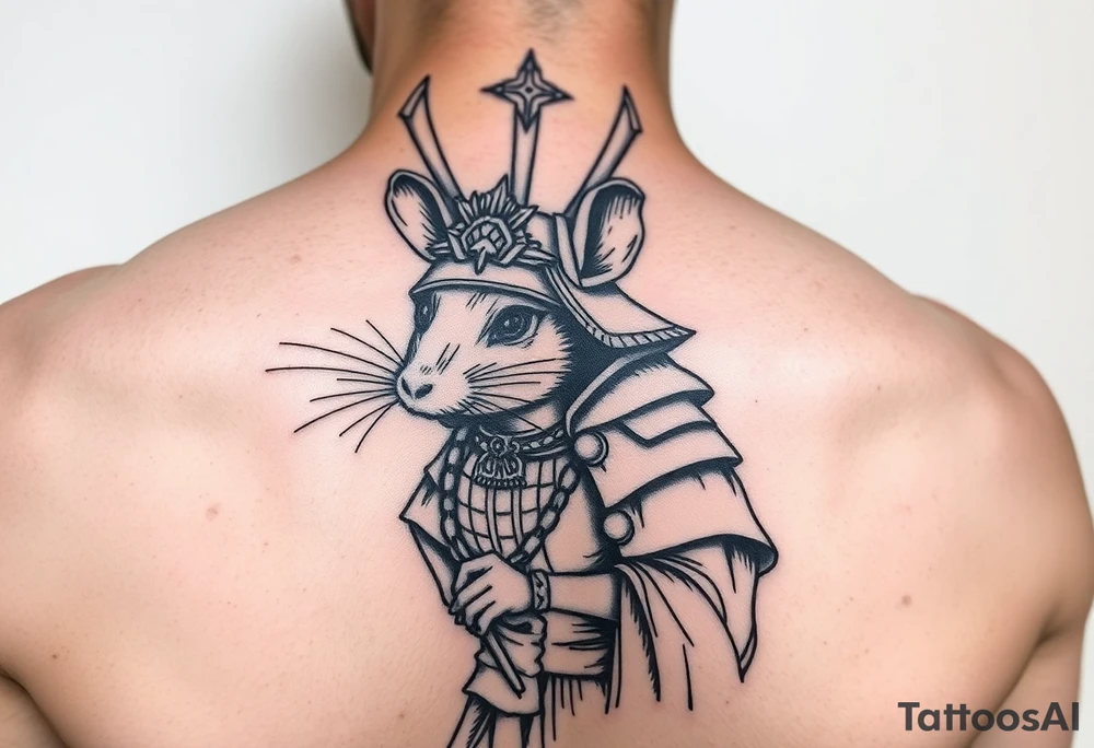 rat dressed up as queen samurai tattoo idea