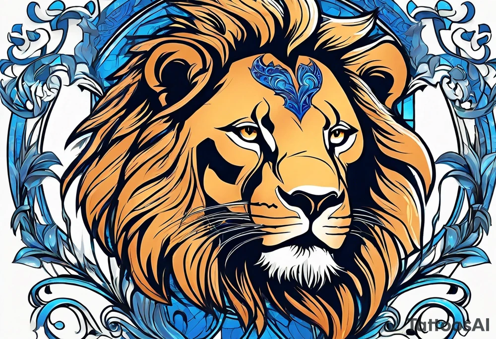 I Want zodiac leo/lion for upper arm and bicep. With blue and fire in it. I want the lion to be eating all its strengths and weaknesses labeled in black color tattoo idea