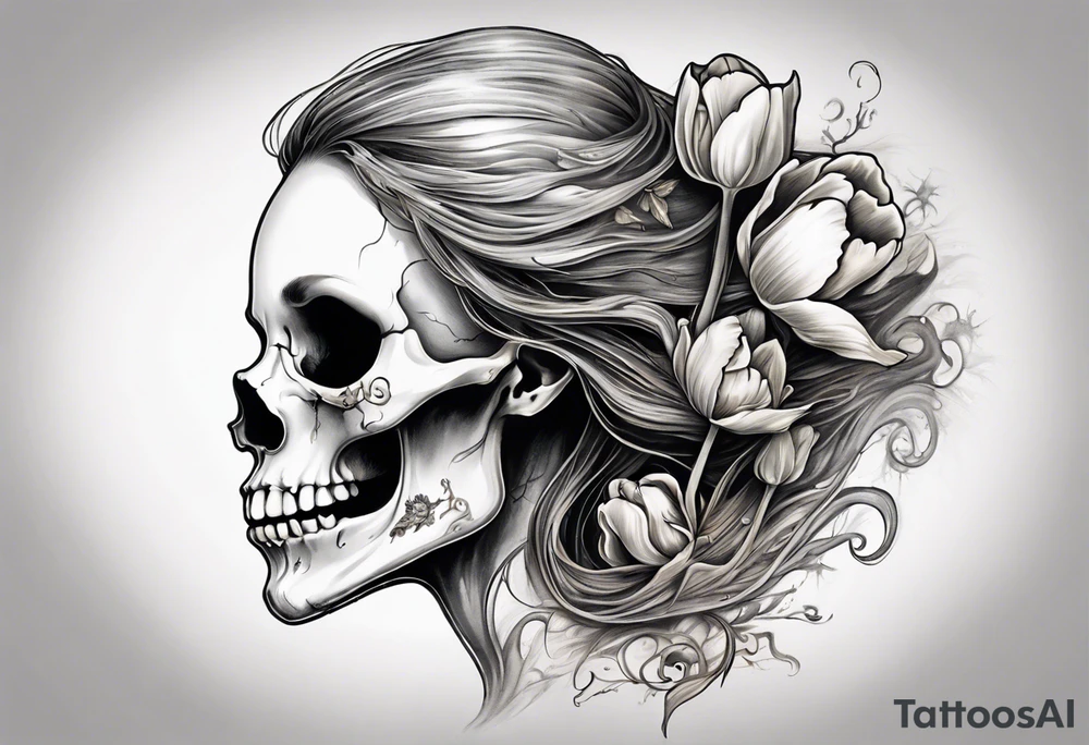 A profile view of a smiling female skull adorned with flowing, long hair, surrounded by symbolism representing the cycle of life and decay. Include a contrast between a fully decayed tulip, a pristine and vibrant tulip in full bloom, and a delicate tulip bud, all harmonizing with the eerie yet beautiful ambiance of the scene. tattoo idea