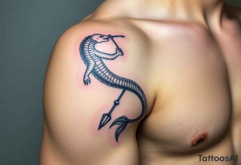 Tatouage de bras complet, Poséidon sortant de l'eau avec le trident vers le bas, tattoo idea