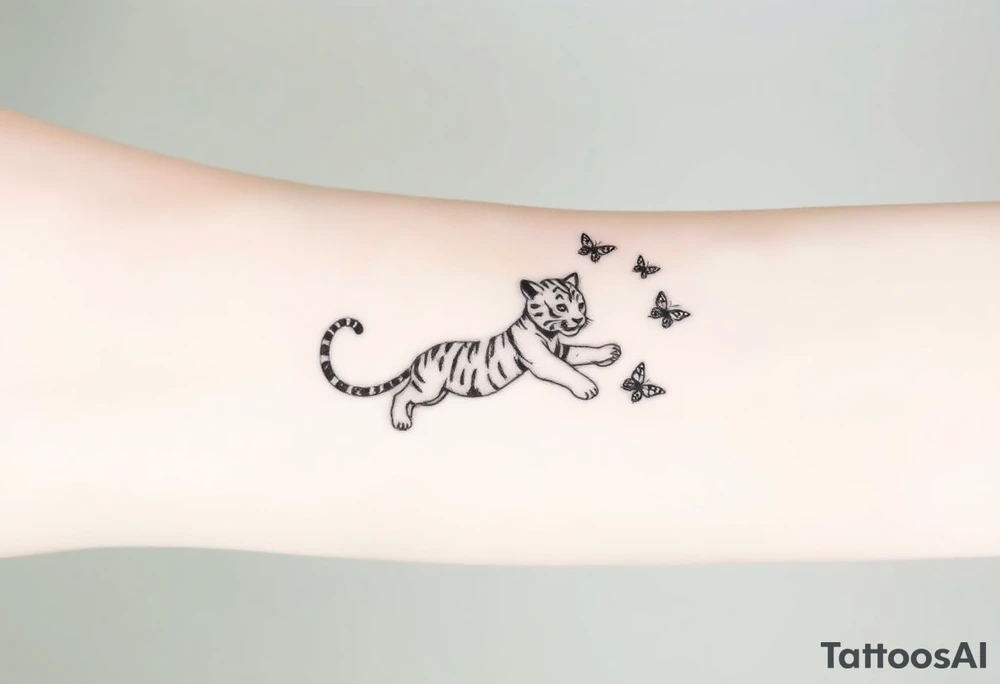 Tiger cub stretching catching 3 butterflies tattoo idea