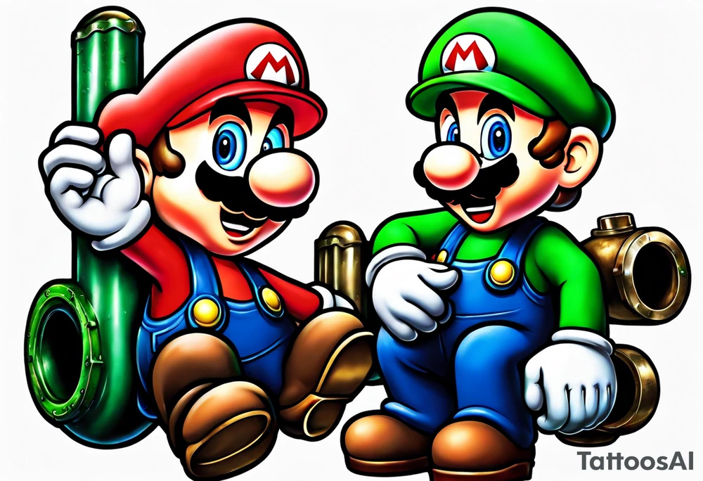 Mario and Luigi sucked down a big green pipe tattoo idea