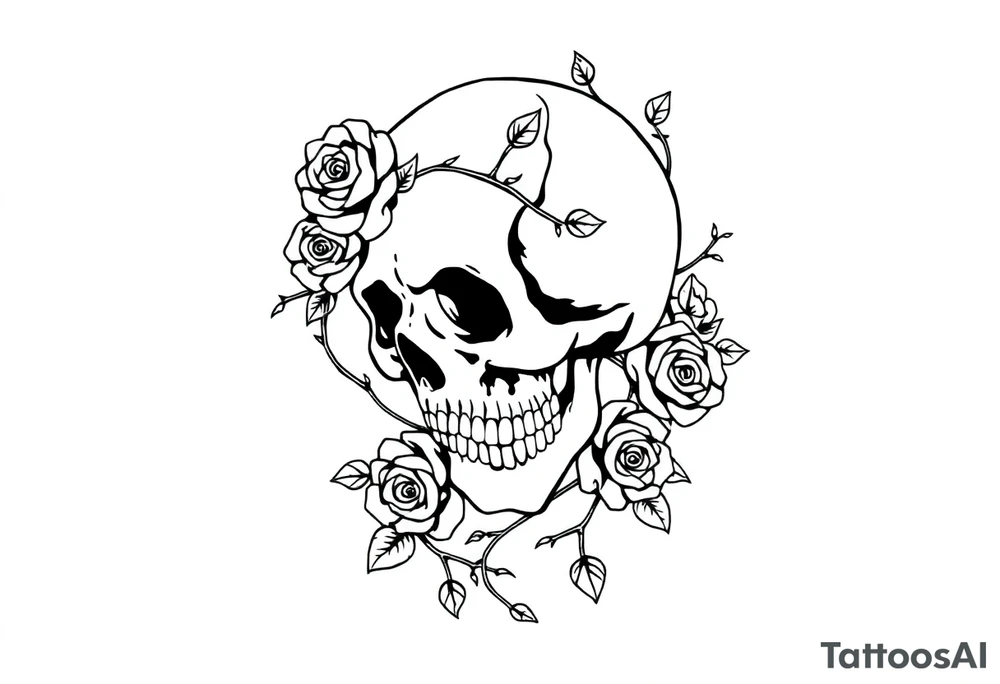 gothic skull intertwined with climbing roses and thorny vines simple tattoo idea