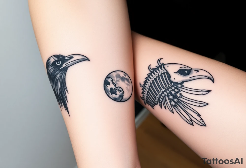 Double forearm tattoo with one normal crow head and the other forearm with a skeleton of a crows head. Each arm having feathers not attached to crows and a moon joining in the middle of both forearms tattoo idea