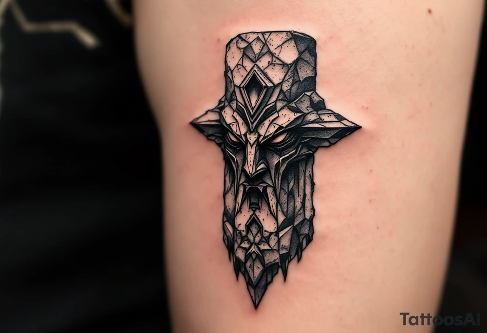 A black Zbruch idol with weathered stone texture, representing the ancient Slavic god of the underworld and balance. tattoo idea