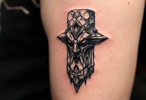 A black Zbruch idol with weathered stone texture, representing the ancient Slavic god of the underworld and balance. tattoo idea