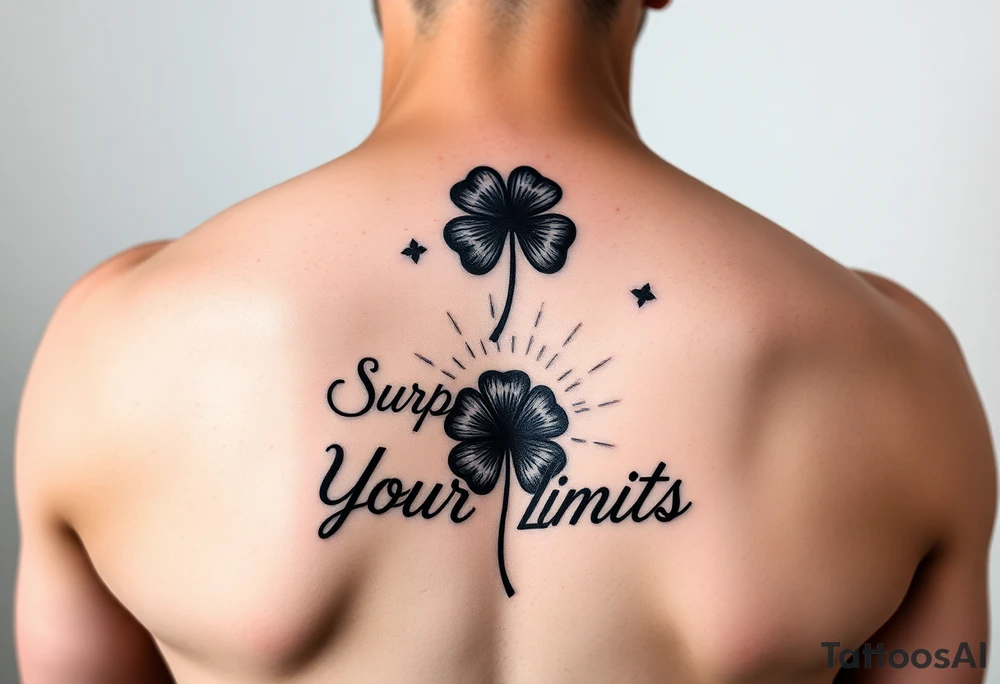 Black 5 leaf clovers ( with red aura ) surrounding the words “ Surpass Your Limits” forearm tattoo inspired by Black Clover anime tattoo idea