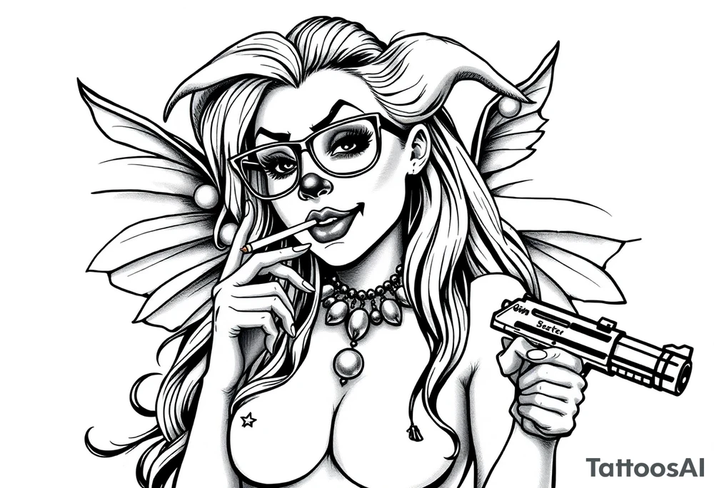 beautiful long hair Clown Girl thug eyeglasses fairy wings smoking a cigarette holding a gun naked tattoo idea