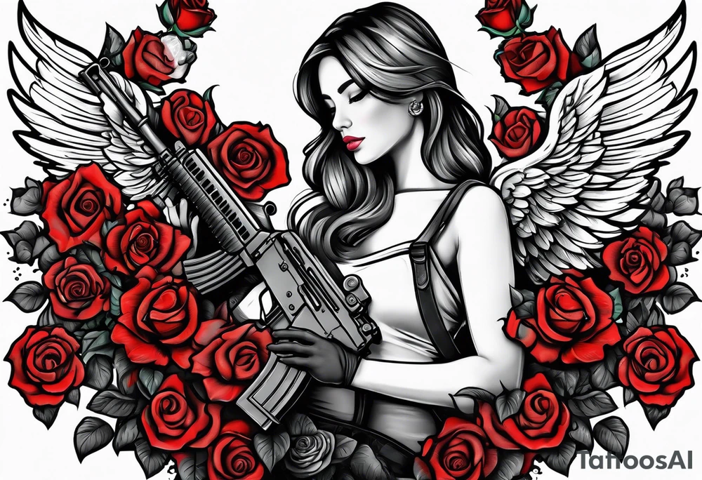 Beautiful woman angle with wings holding a AK 47 surrounded by roses tattoo idea