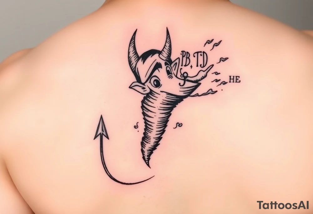 Give me the cartoon tazmanian devil with half his body a tornado and initials floating in the tornado of BD, TD, LJ, MA,HE tattoo idea