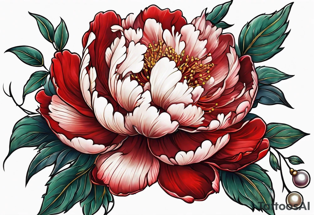 Red peony with a pearl necklace and a rabbit tattoo idea