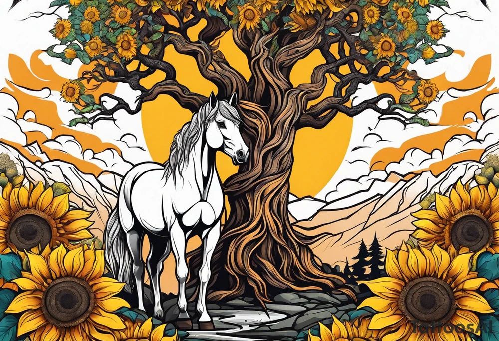 Yggdrasil tree, horse in front of it, and sunflowers tattoo idea