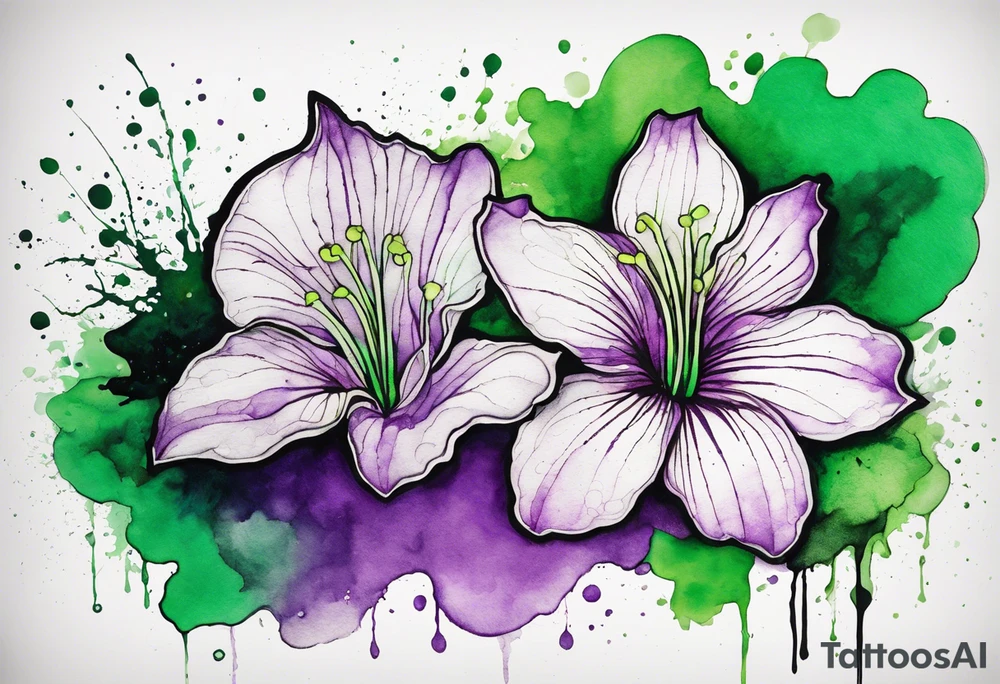 A mystical outline of a green and purple rio dipladenia flower and a green and purple watercolor splash in the background tattoo idea