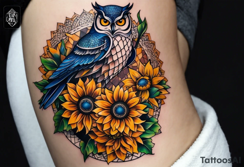 Sunflower forearm tattoo with owl with honeycomb background and mandala wrist wrap. Sunflowers and a bluejay tattoo idea