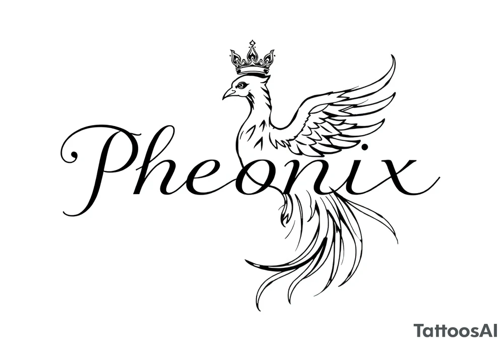Pheonix wearing a crown with flowy long tail tattoo idea