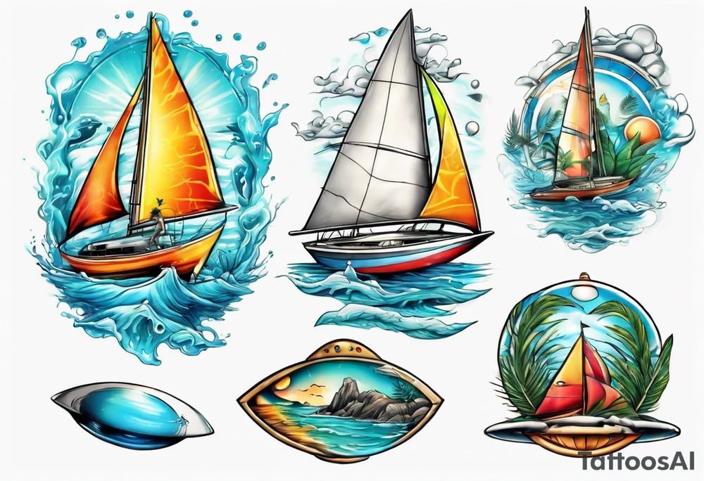 Tropical water with a sailing boat and a UFO tattoo idea