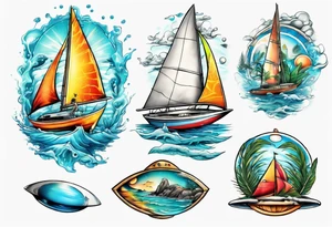 Tropical water with a sailing boat and a UFO tattoo idea