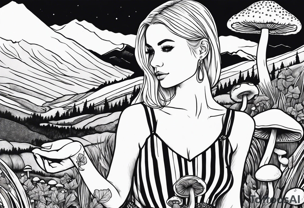 Straight blonde hair girl holding mushrooms in hand facing away toward mountains surrounded by mushrooms circular design black and white striped dress tattoo idea