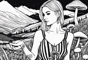 Straight blonde hair girl holding mushrooms in hand facing away toward mountains surrounded by mushrooms circular design black and white striped dress tattoo idea