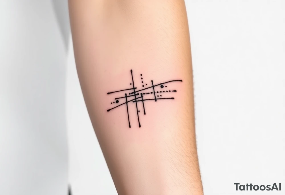Abstract black line tattoo for a male.
Irregular, broken, sketch-like lines with sharp direction changes.
Non-elegant, non-minimal, non-feminine.
Raw hand-drawn tattoo stencil style.
Black ink only, no shading, no smooth curves.
Inner forearm wrapping around the elbow. tattoo idea