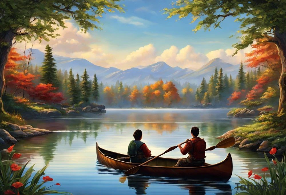 The tattoo design depicts a serene nature scene, framed within a semi-circular border. In the foreground, there are two people sitting in a canoe on a calm lake. They are paddling towards the horizon, with one person sitting at the back of the canoe and the other at the front. The back view of the people suggests a peaceful and contemplative moment shared between them.

In the background, there are majestic mountains with peaks covered in snow, creating a dramatic and picturesque landscape. The mountains are flanked by tall pine trees on either side, adding to the wilderness feel of the scene. Above the mountains, a large sun is either rising or setting, casting a tranquil glow over the entire scene. Birds are flying in the sky, adding to the sense of freedom and natural beauty.

The entire scene is rendered in a minimalist, black and white, line-drawing style, giving it a clean and elegant appearance. The semi-circular frame around the design focuses attention on the central elements and adds a sense of completeness to the image. black and white tattoo idea
