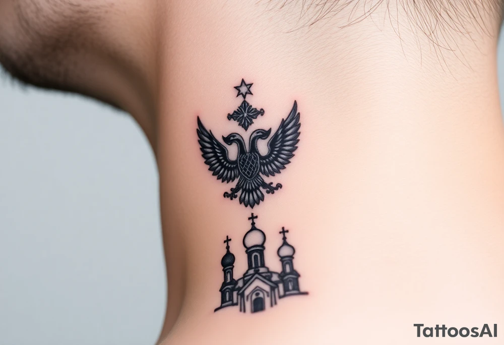 Stacked Vertical Column 

Russian star — bold
Middle: double-headed eagle — simplified, cleaner lines to suit the smaller space
Bottom: Orthodox church dome(s) & a Virgin Mary silhouette beneath tattoo idea