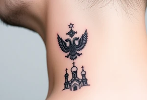 Stacked Vertical Column 

Russian star — bold
Middle: double-headed eagle — simplified, cleaner lines to suit the smaller space
Bottom: Orthodox church dome(s) & a Virgin Mary silhouette beneath tattoo idea
