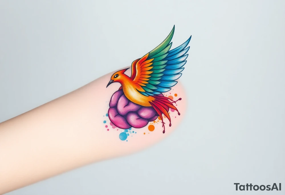 Colorful phoenix flying out of a brain tattoo idea