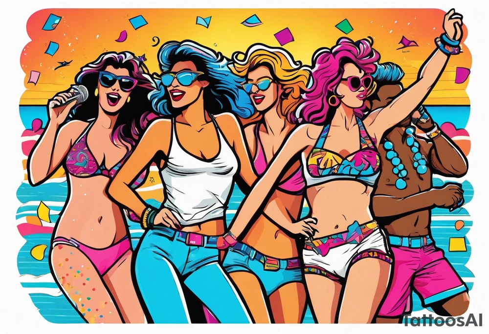1980's miami vice style beach dance 
party, include confetti, music notes, boom box, bikinis sunset in the center tattoo idea