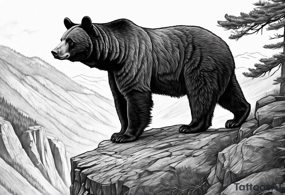 Large thigh tattoo, realism, black and white, black bear standing on a cliff with the valley as the background tattoo idea