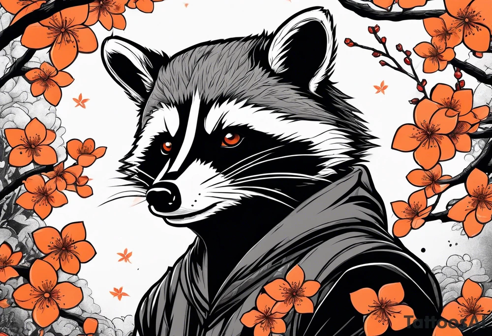 Raccoon wearing a white Superman logo on a black hoodie and orange Japanese cherry blossoms tattoo idea