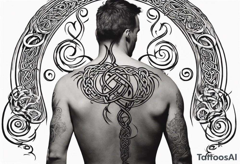father sitting on father's shoulders. Walking into the sun. Treble clef on son's back. Celtic design on father's back. tattoo idea