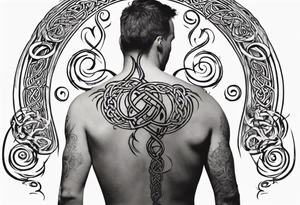 father sitting on father's shoulders. Walking into the sun. Treble clef on son's back. Celtic design on father's back. tattoo idea