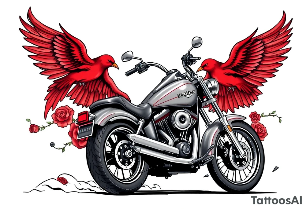 Harley grey motorcycle driving away, two red birds flying, roses, flames, angel wings tattoo idea
