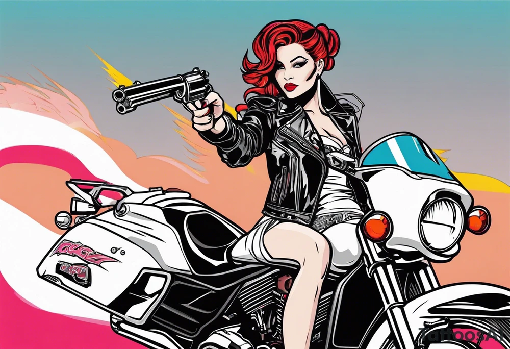 Sexy, feminine, gangster girl pointing a 32 cal. Gun 1 hand & lighting a cig w the other angel/devil, relaxing on a cbr600rr silver, tattoo idea