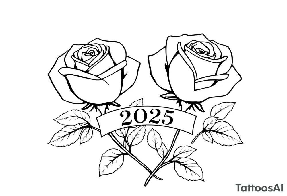 two beautiful large rose buds, one larger than the other, with many leaves next to the rose buds, with one sitting higher than the other. Include a banner connecting the two roses with the year 2025 on it.   Use dark outlines with little shading. The two stems should be short, not long, and connect and join into one stem, whimsically curved or twisted - not straight down. tattoo idea