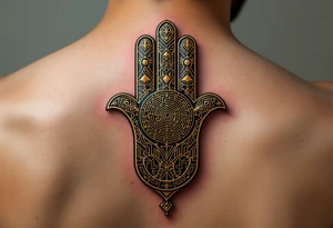 A golden Hamsa with a mesmerizing labyrinth pattern, symbolizing the journey to inner peace. tattoo idea