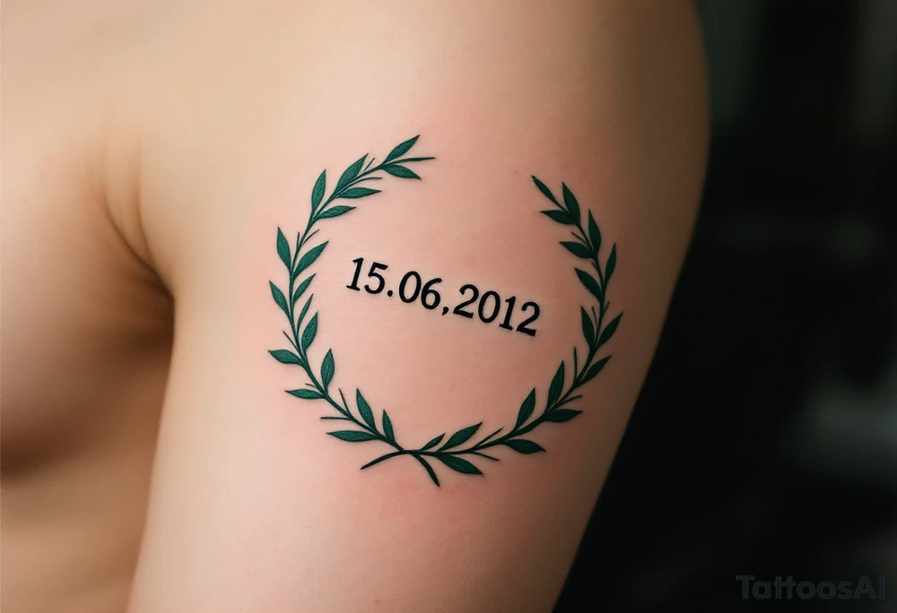 15.06.2012 in typewriter font encased in a dusty green laurel wreath. tattoo idea